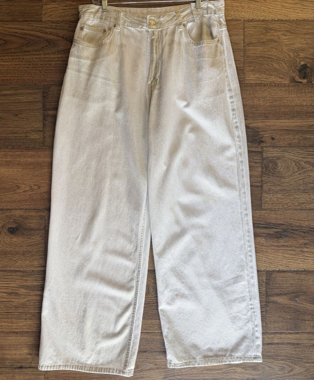 Zara Metallic Silver Wash Wide Leg Jeans Womens 14 EU 46 High Rise Lyocell